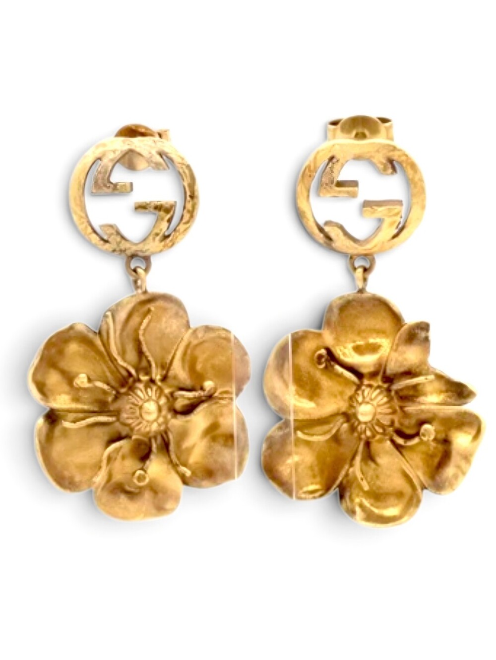 GUCCI Gold Floral Drop Earrings with Interlocking GG Logo Full Set